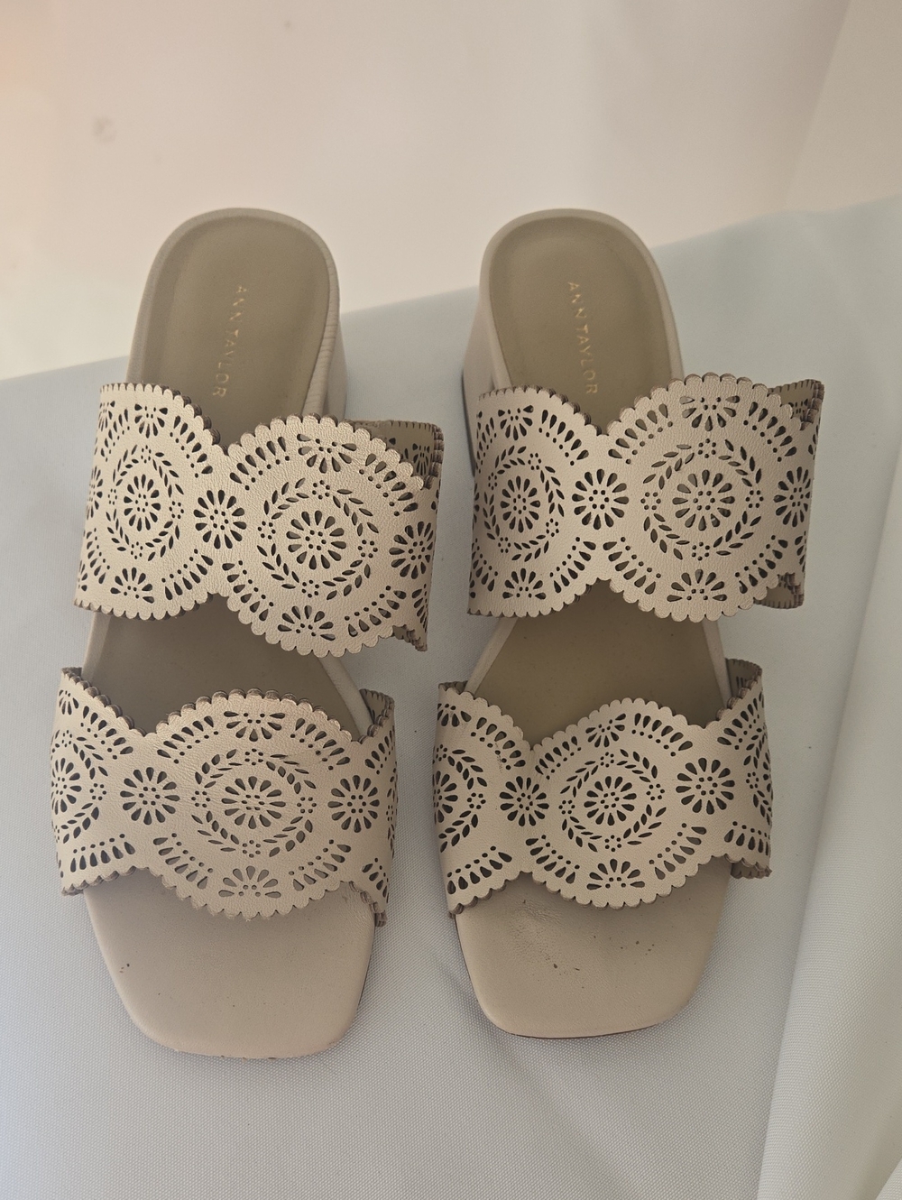 Ann Taylor Beige Laser-Cut Double Strap Slide Sandals
